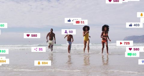 Friends running from surf with social media icons overlay for summer influencer marketing