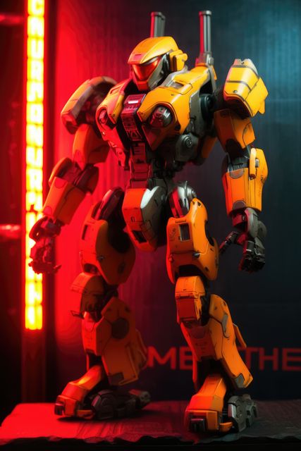 Futuristic yellow robot soldier standing under dramatic red light. Image ideal for use in sci-fi publications, technology magazines, robotics and AI blogs, and high-tech product advertisements. Could be marketed towards gaming communities, engineering departments, or entertainment industry.