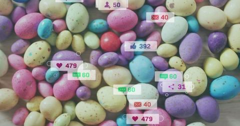 Pastel speckled candy eggs social notification overlays top-down minimalist background