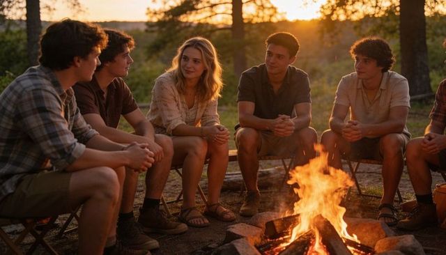 Young adults gathering around campfire sharing sunset conversation in forest clearing