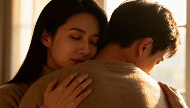 Intimate sunset embrace hugging couple near window in warm knit sweaters