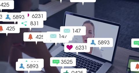 Remote video call showing woman on laptop with floating engagement notifications