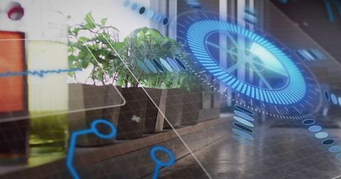 Indoor planters blending with holographic blue HUD overlay for smart sustainable workspaces