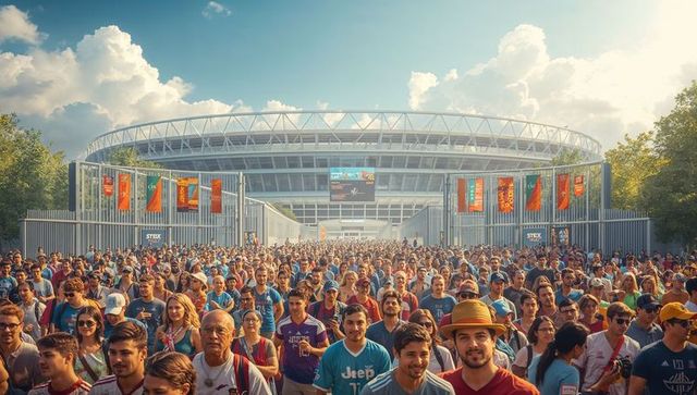 Crowd streaming into stadium entrance before soccer match under bright sky