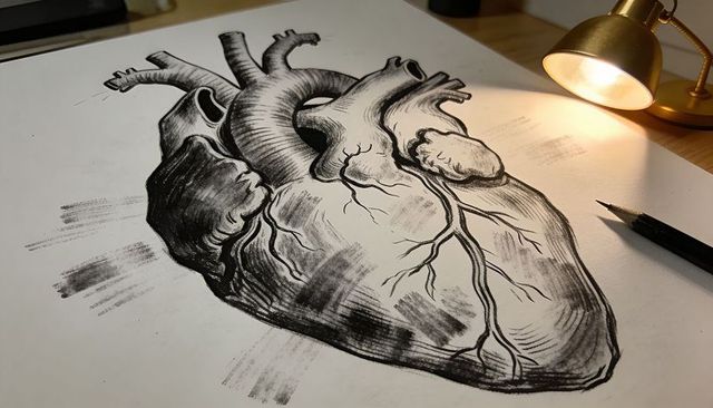 Detailed anatomical heart ink and charcoal drawing resting on artist desk with brass lamp