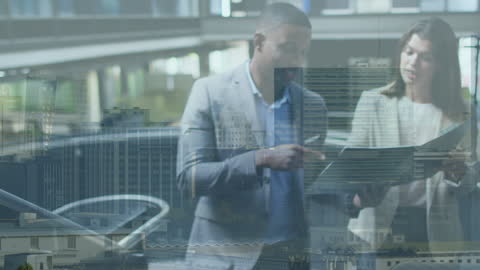 Animated Overlapping Cityscape and Business Meeting in Office