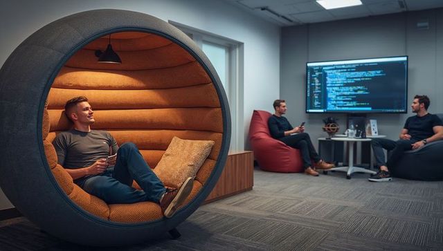 Modern office lounge with innovative seating and code discussion