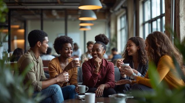 Friends enjoying coffee and conversation in cozy modern cafe under pendant lights