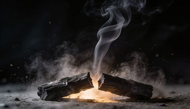 Smoldering fractured charcoal logs releasing swirling smoke and ember glow