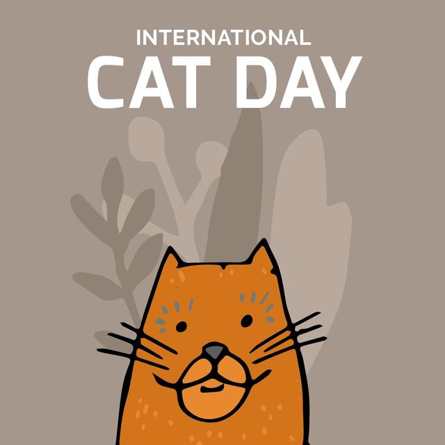 Image of international cat day and orange cat on grey background. Animals, pets, cat day and celebration concept.