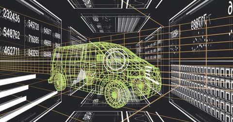 Neon green wireframe van in 3d design lab with hud panels and futuristic grid interface