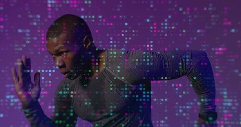 Sprinting athlete powering through neon pixel data overlay wearing smartwatch