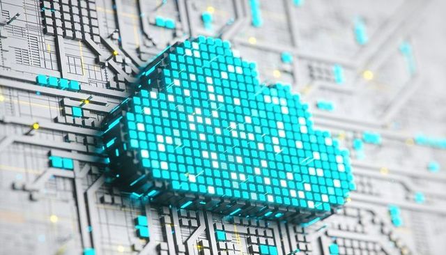 Hovering pixelated turquoise cloud glowing over circuit board with neon led nodes and network grid