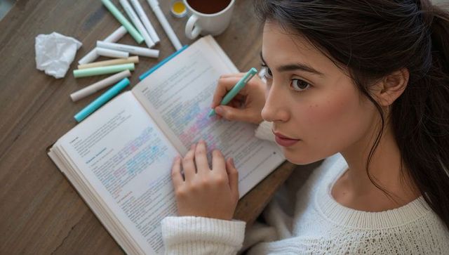 Young woman studying and highlighting textbook with pastel highlighters at wooden desk