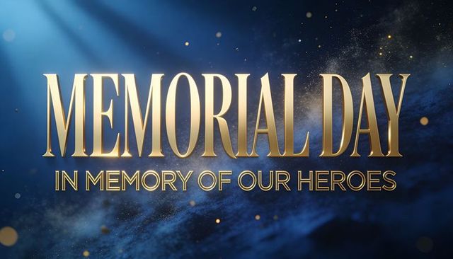 Memorial day tribute with gold metallic typography and cinematic blue nebula background