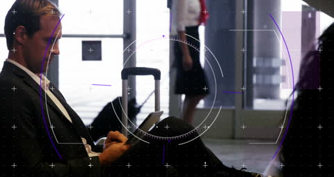 Businessman Waiting at Airport with Digital Interface Overlay