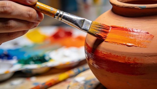 Artist painting terracotta pot with vibrant orange brushstroke on rustic ceramic vessel