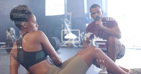 Digital Fitness Analytics Overlay with Diverse Individuals Exercising