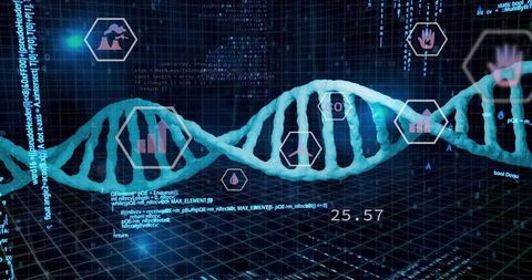 Glowing DNA Double Helix Stretching Across Holographic Virtual Lab Interface with Data HUD