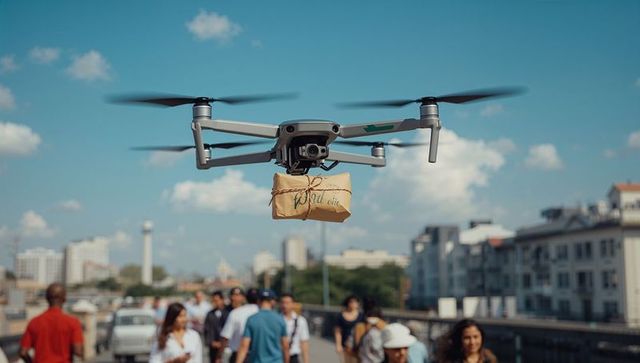 Urban delivery drone delivering parcel over crowded city bridge with walking pedestrians