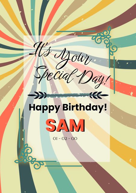 Ideal for sending birthday greetings, this retro-themed card design features colorful swirls and decorative text. Perfect for creating personalized birthday invitations, digital cards, or social media posts celebrating a special day.