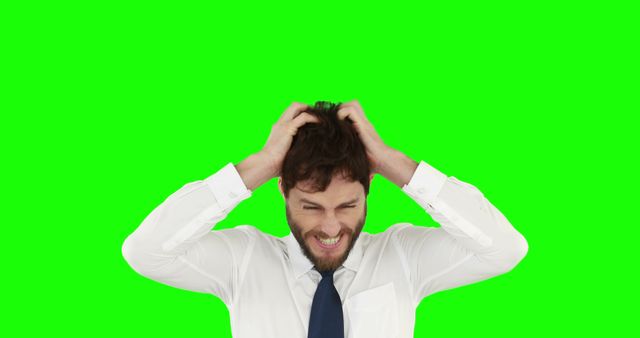 A young Caucasian businessman appears frustrated or stressed, pulling at his hair against a green screen background, with copy space. His expression and body language convey a sense of overwhelming pressure or anxiety in a professional context.