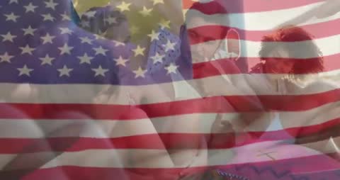 Friends Enjoying Camper Van Adventure with American Flag Overlay