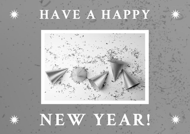 Image of happy new year and party hats on grey background. New year, party and celebration concept.