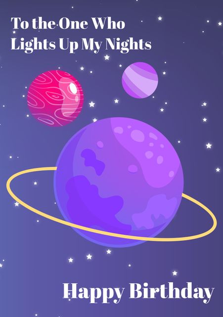 This cosmic-themed birthday greeting card features vibrant purple and pink planets against a starry night sky. Ideal for astronomy lovers and space-themed parties. Use this card to send birthday wishes to friends and family who are fascinated by the cosmos.