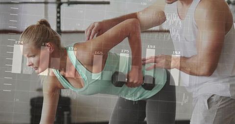 Personal Trainer Assisting Woman with Fitness Tracker Overlay