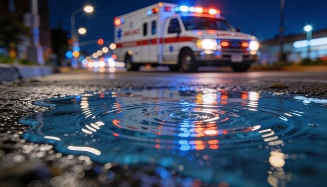 Ambulance lights reflecting in puddle, forming ripples across wet city road at night