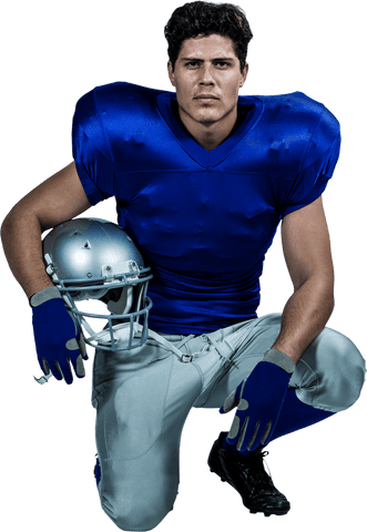 Confident american football player kneeling with helmet transparent