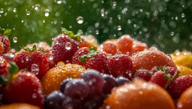 Sunlit fresh strawberries, tangerines and grapes sparkling with water droplets