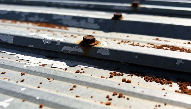 Rusted hex bolt on corrugated metal roof with peeling paint and rust granules