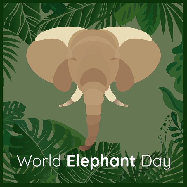 Vector image of elephant with various leaves and world elephant day text. Illustration, awareness, animal, wildlife, preservation and protection of elephants concept.