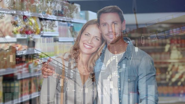 A smiling couple embraces in a grocery store as digital financial data is projected over them. This image illustrates the intersection of daily shopping and global business finance, symbolizing consumer behavior analysis. Ideal for marketing materials, financial solutions ads, or grocery retail insights, adding a human touch to digital data presentations.