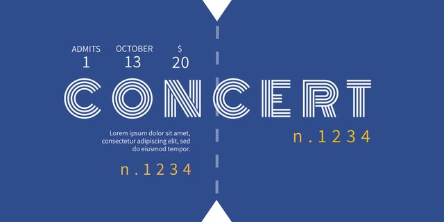 This illustration depicts a concert ticket with modern typography and minimalist design on a blue background. It includes details such as admission number, event date, and ticket price, making it suitable for usage in creating digital or printed concert tickets, event marketing materials, or graphic design projects that require clean and stylish ticket graphics.