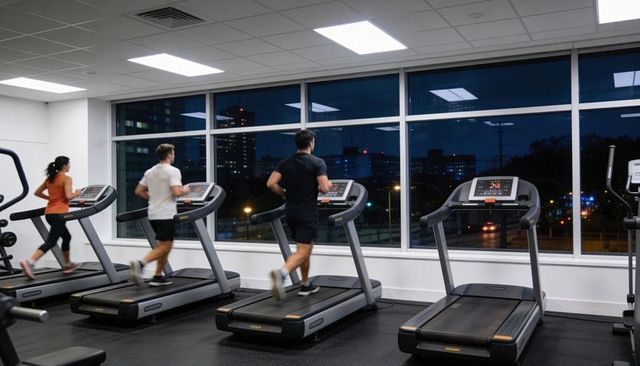 Nighttime treadmill workout with three runners in modern gym and city skyline view