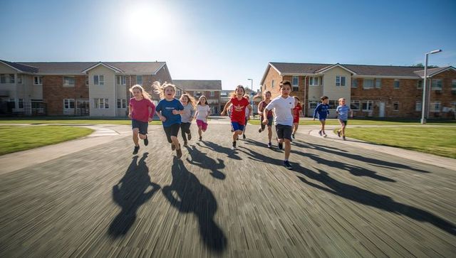 Energetic children sprinting on sunny suburban pathway casting long dynamic shadows
