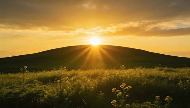 Sunburst over rolling knoll illuminating wildflower meadow at golden hour