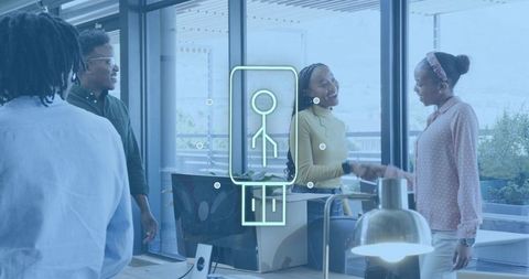 Young professionals shaking hands in modern glass office with neon avatar overlay