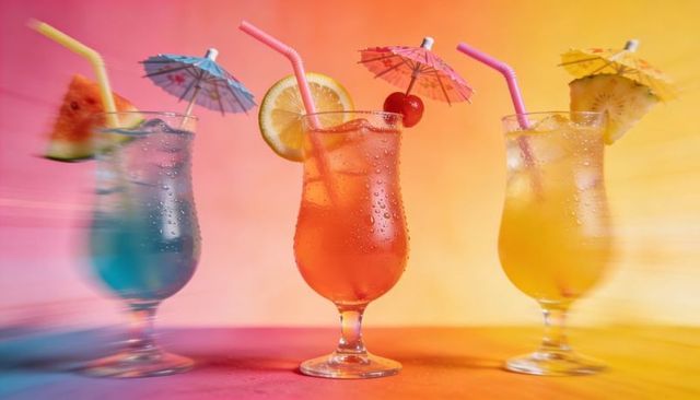 Serving vibrant tropical cocktails with fruit garnishes, paper umbrellas and condensation