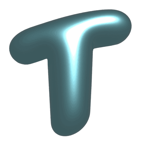 Transparent glossy 3d letter t glowing teal-cyan with specular highlight and soft halo