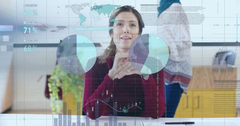 Financial data analysis with businesswoman and digital graphics