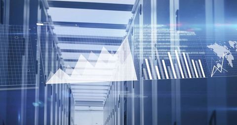 Futuristic Data Center with Floating Digital Graphs