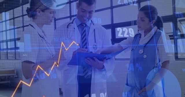 Medical team analyzing data with graphs and charts overlay