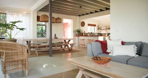 Cozy modern living room with minimalist rustic decor