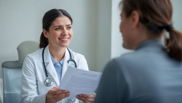 Smiling Doctor Discussing Medical Documents with Patient in Clinic