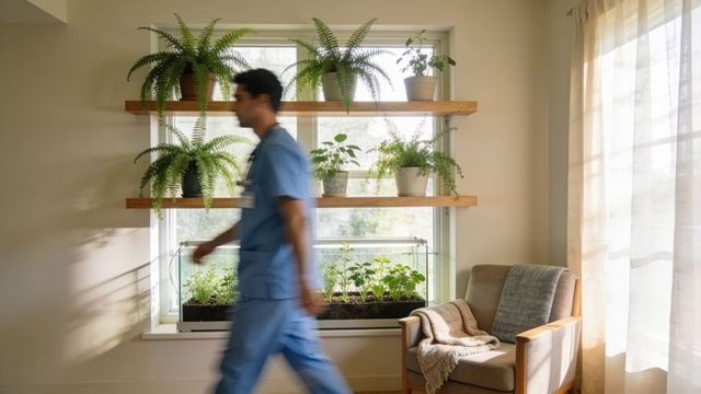 Medic walking through sunlit lounge with indoor plants, cozy armchair, natural daylight