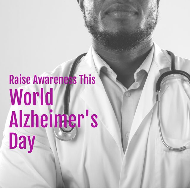 Animation of raise awaresess this world alzheimer's day text over african american male doctor. World alzheimer's day and celebration concept digitally generated image.